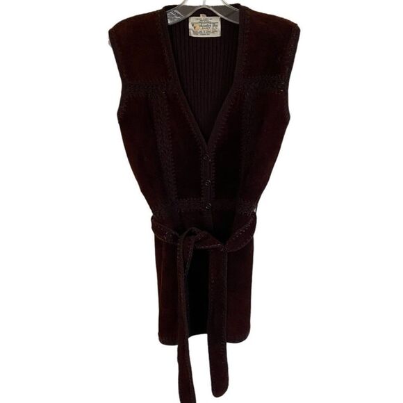 Vintage 70s LG Sweater Bee by Banff Chocolate Brown Split Leather Vest Cardigan - Picture 1 of 5